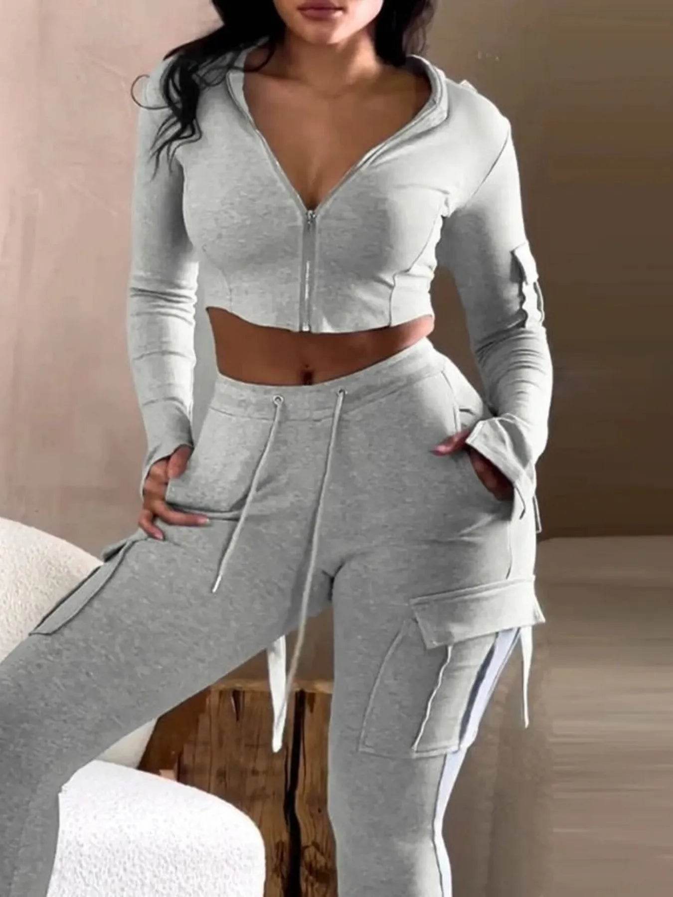 Full Size Zip Up Long Sleeve Hooded Top and Cargo Pants Set Plus Size - IntuitiveEncBoutique