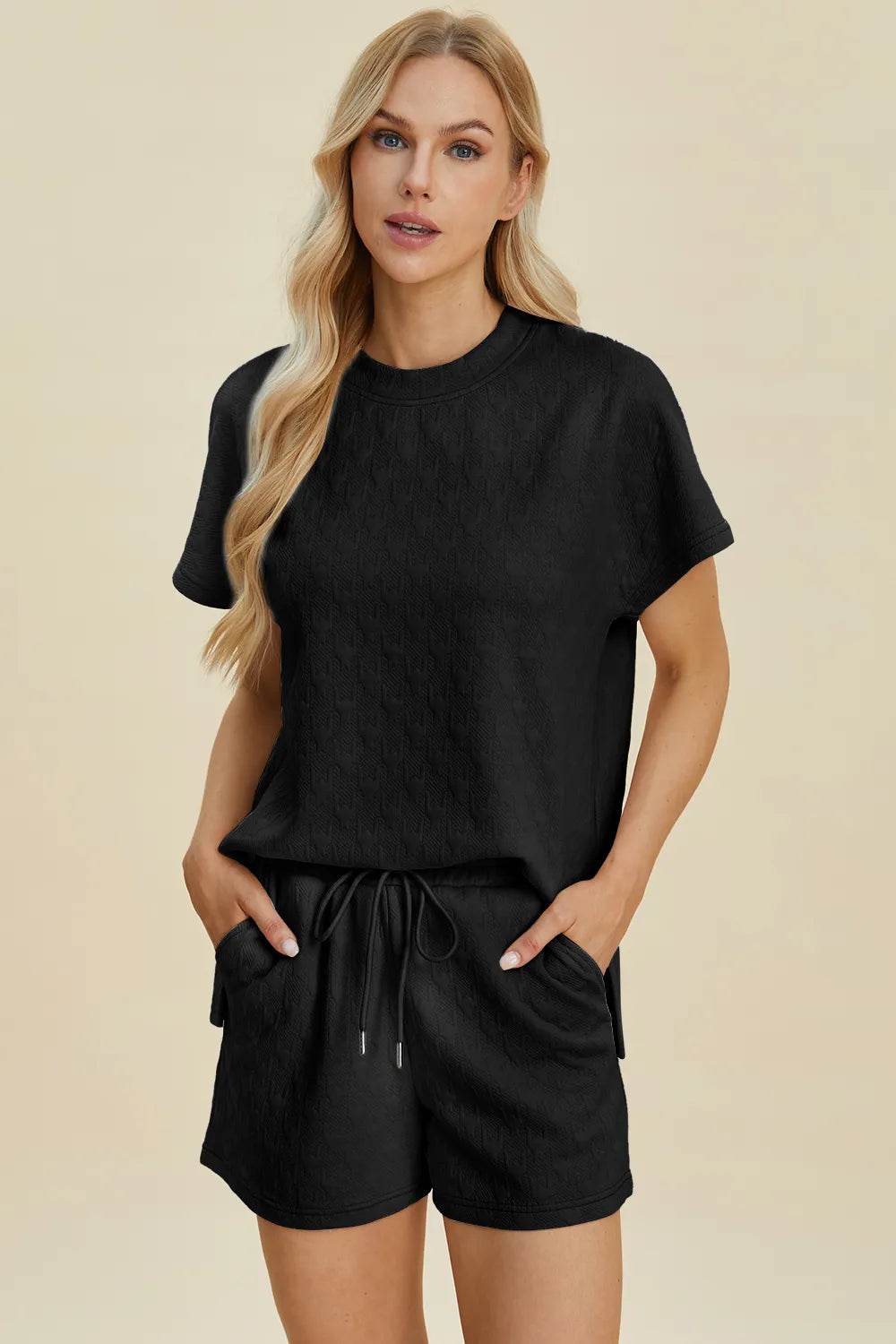 Double Take Full Size Texture Round Neck Short Sleeve Top and Shorts Set - IntuitiveEncBoutique