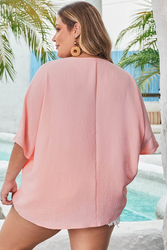 Pink Textured Half Sleeve V Neck Plus Size T Shirt with Chest Pocket - IntuitiveEncBoutique