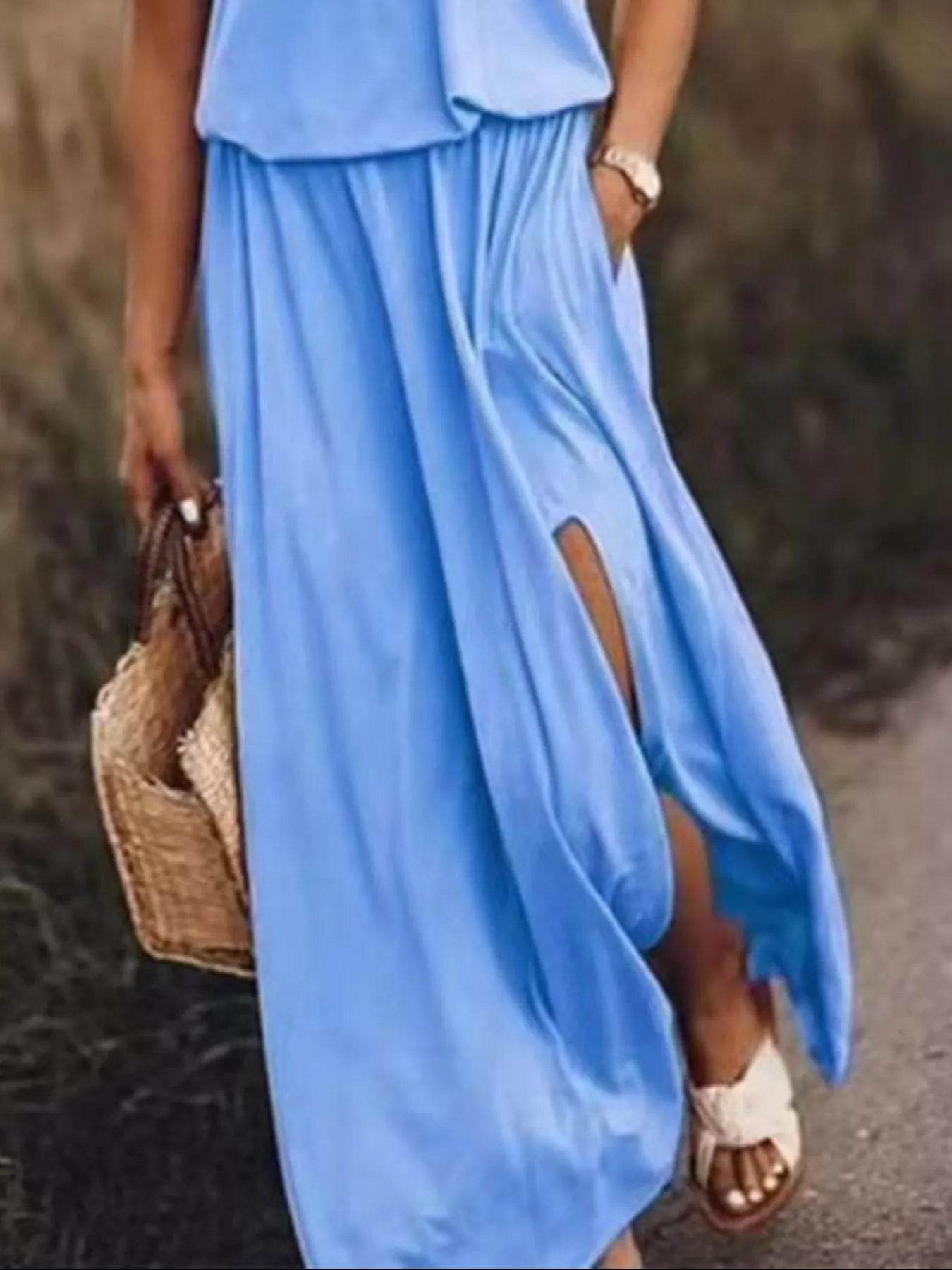 Full Size Round Neck Sleeveless Slit Maxi Dress Plus Size - IntuitiveEncBoutique