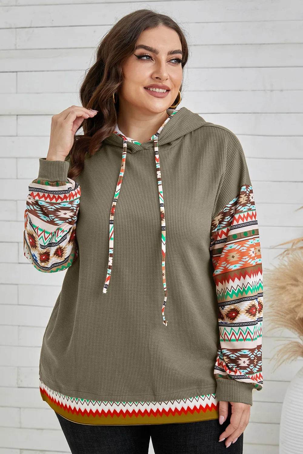Plus Size Waffle-Knit Geometric Dropped Shoulder Hoodie - IntuitiveEncBoutique