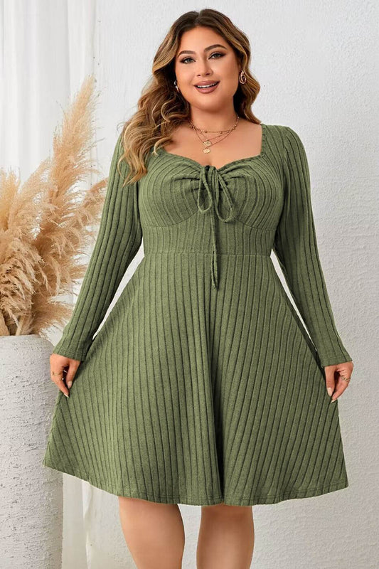 Honey Plus Size Sweetheart Neck Long Sleeve Ribbed Dress - IntuitiveEncBoutique