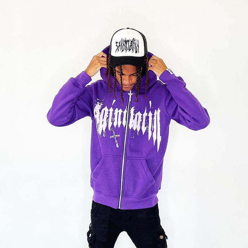 Hooded Sweatshirt with Foamed Print Trendy Letter Zipper Hoodie Long Sleeve Sweatshirt - IntuitiveEncBoutique