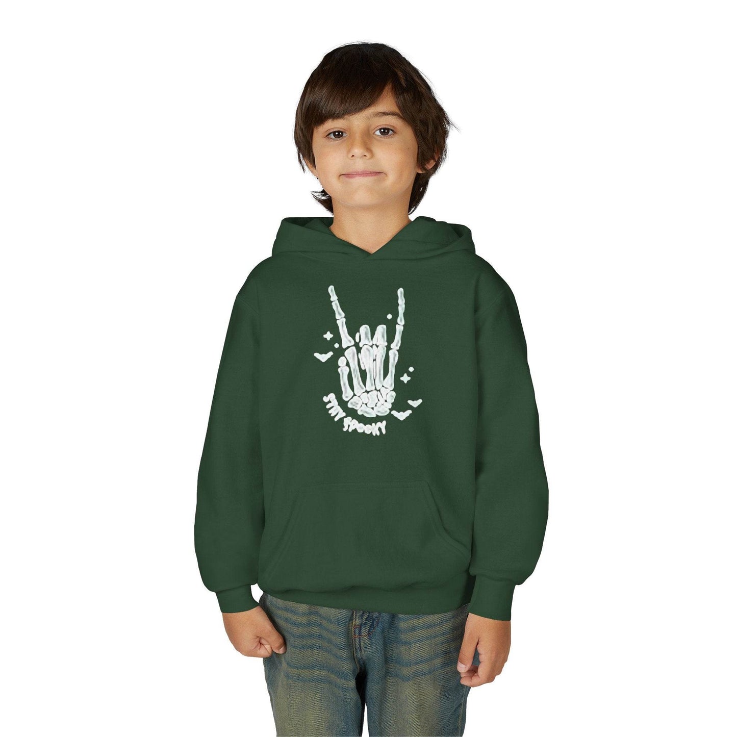 Youth Ghostly Rocker Hoodie - Stay Spooky Sweatshirt, Halloween Apparel, Youth Fashion, Skeleton Design, Cozy Gift - IntuitiveEncBoutique