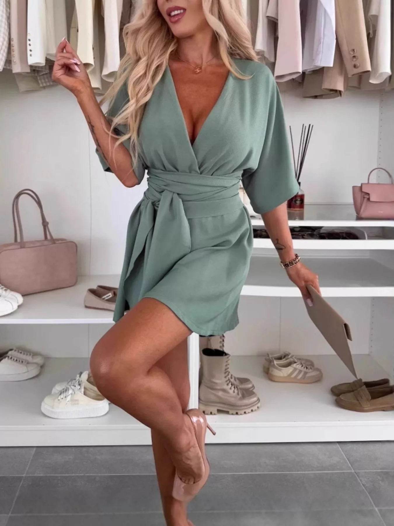 Full Size Surplice Tie Waist Romper Plus Size - IntuitiveEncBoutique