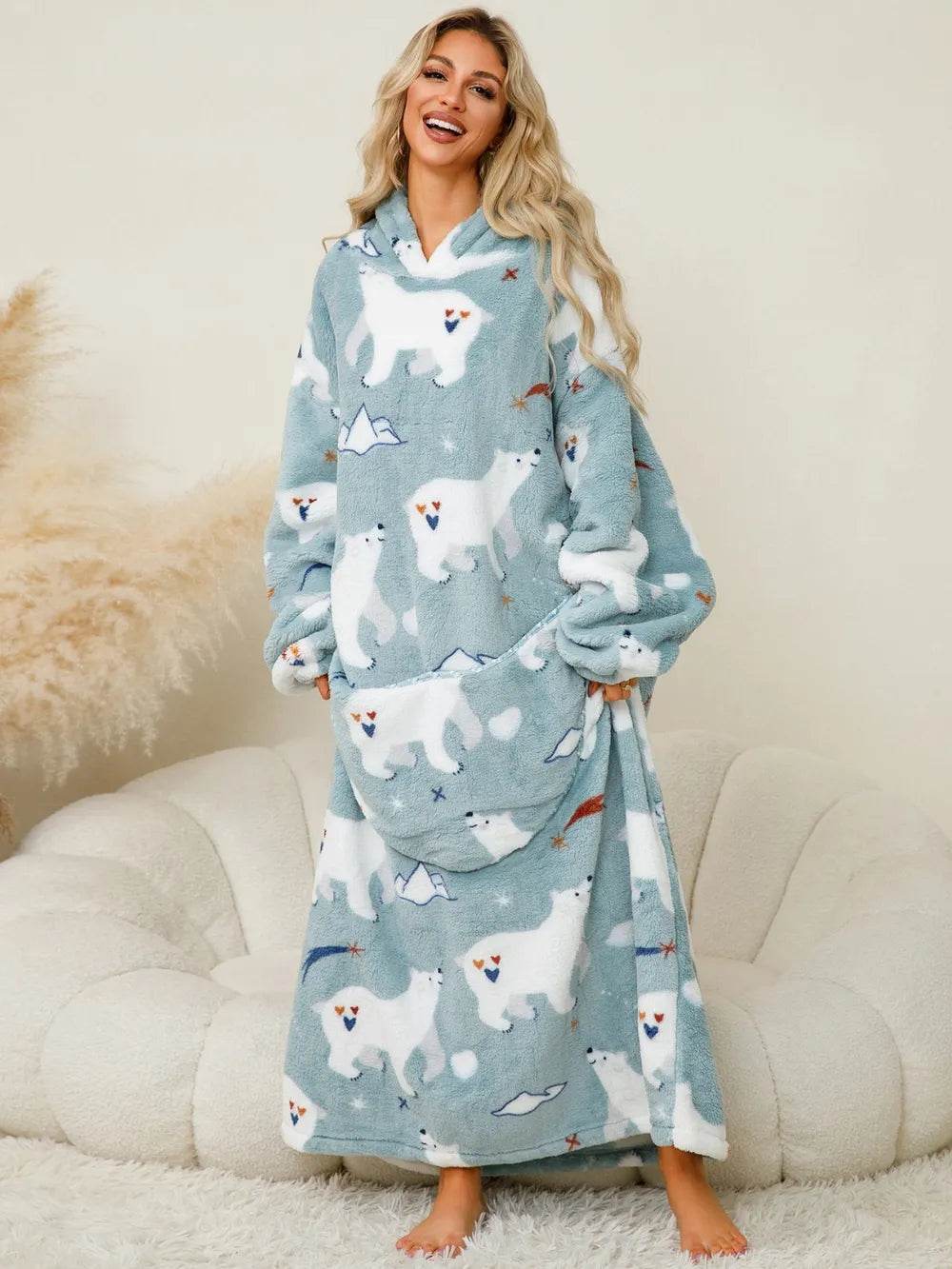 Fuzzy Pocketed Long Sleeve Hooded Lounge Dress - IntuitiveEncBoutique