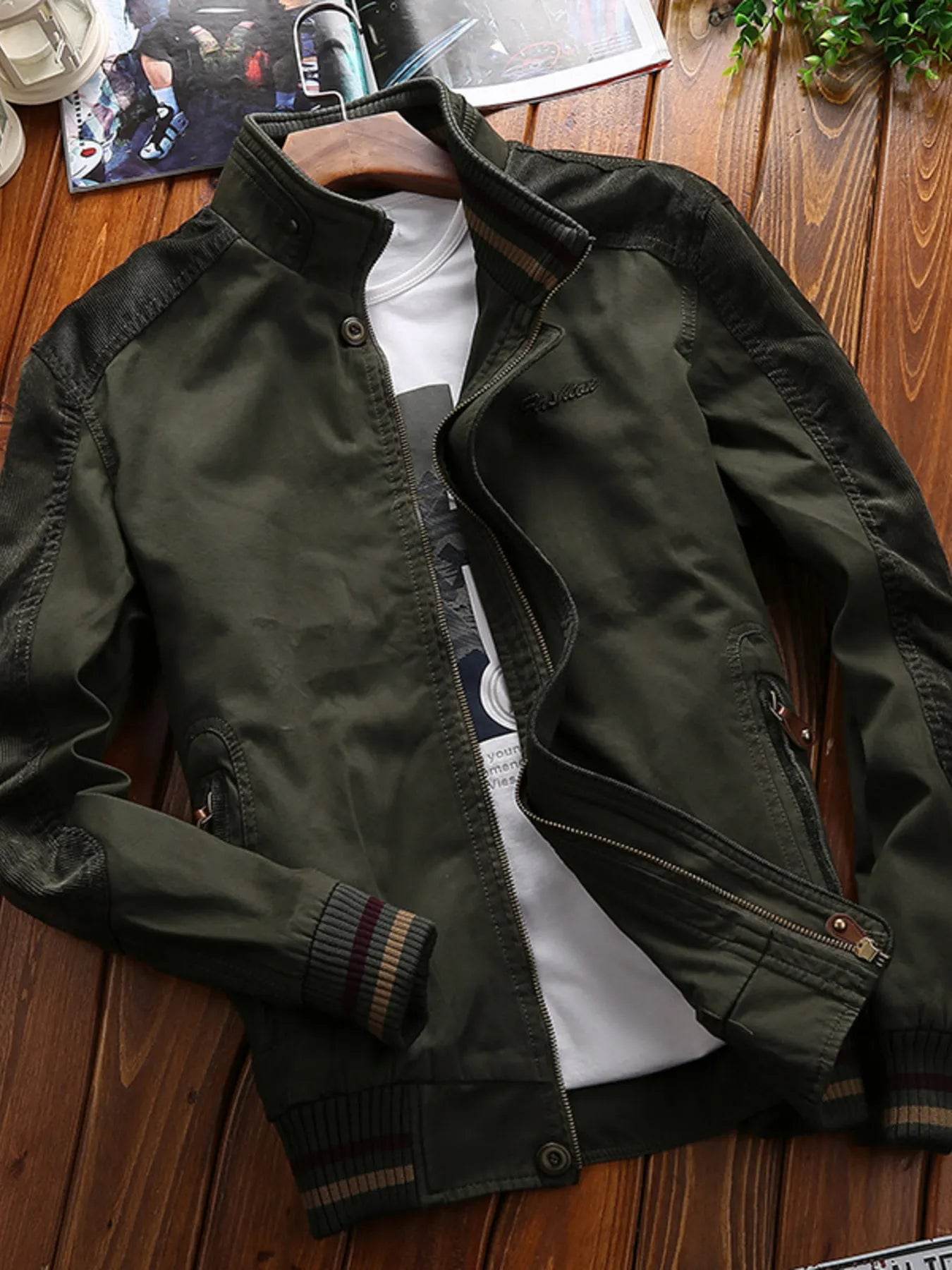 Men's Full Size Bomber Jacket with Ribbed Cuffs and Collar Plus Size - IntuitiveEncBoutique