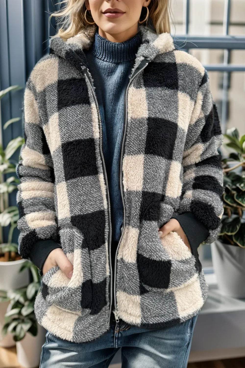 Double Take Full Size Plaid Long Sleeve Hooded Coat - IntuitiveEncBoutique