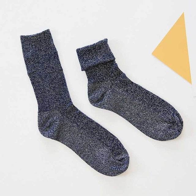 Winter Cotton Solid Shiny Woman Simple Socks Fashion Art Fold Female Student Thick Warm Socks Shiny Metallic Line Sock - IntuitiveEncBoutique