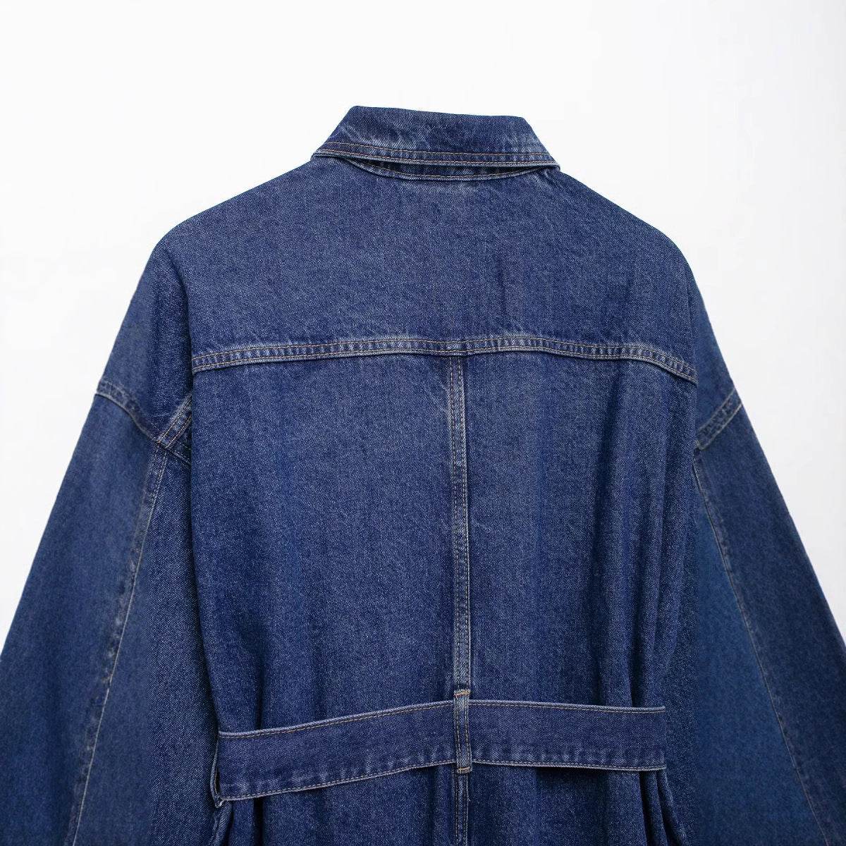 Women's Fashion Casual Retro Versatile Belted Waist Turn-down Collar Denim Jacket - IntuitiveEncBoutique