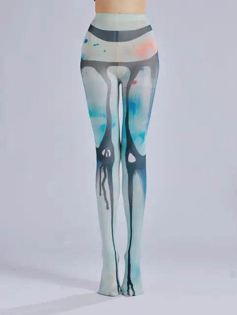 Dark patterned printed pantyhose with ink flow and personalized bottom socks - IntuitiveEncBoutique