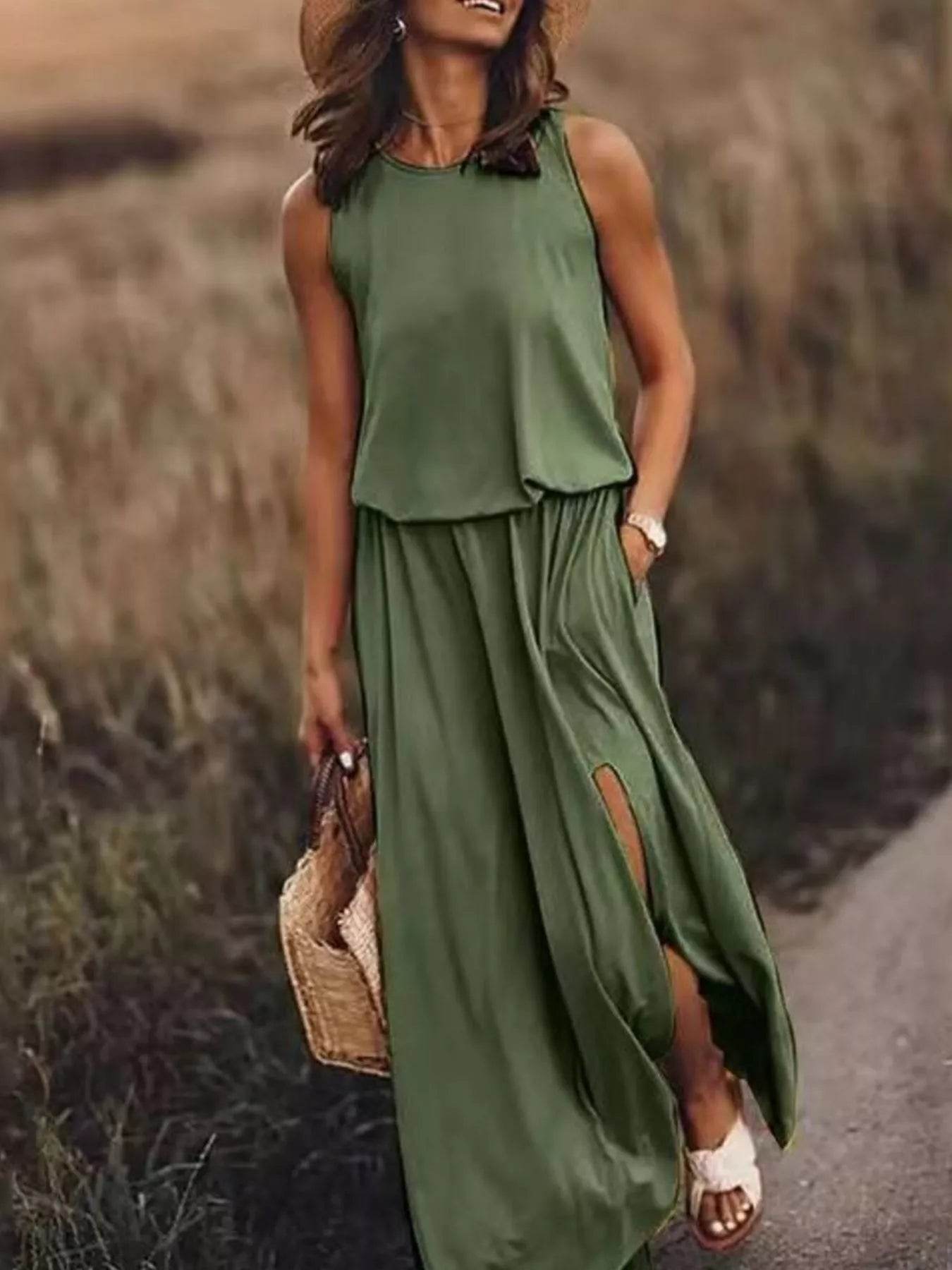 Full Size Round Neck Sleeveless Slit Maxi Dress Plus Size - IntuitiveEncBoutique
