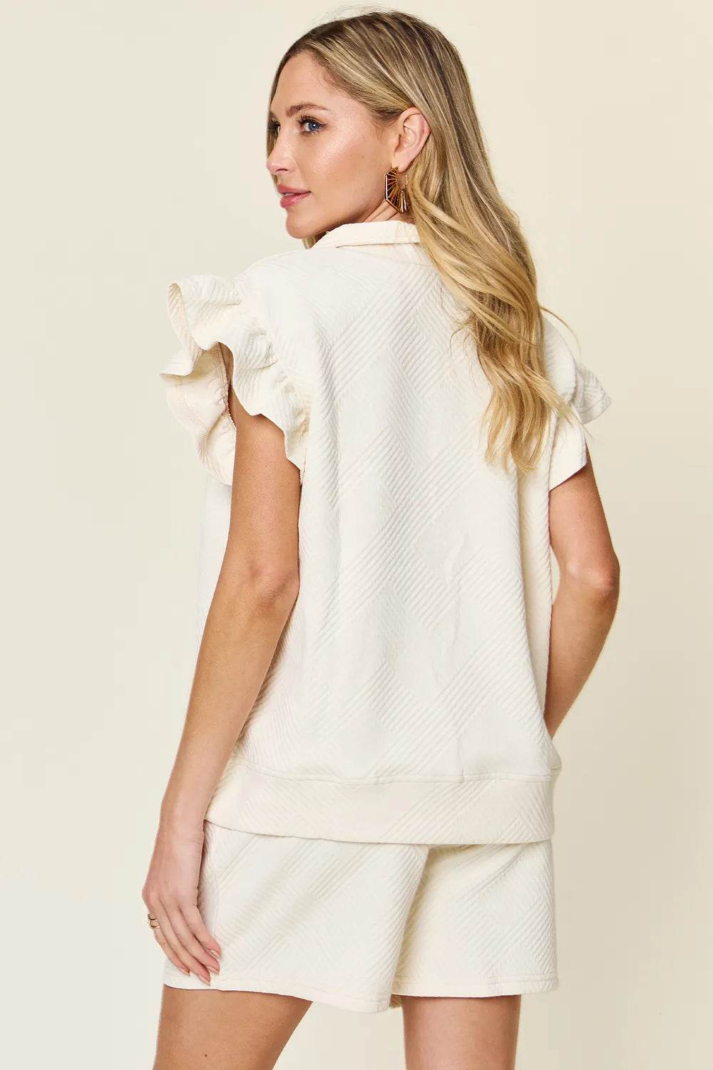 Double Take Full Size Texture Flounce Sleeve Top and Drawstring Shorts Set - IntuitiveEncBoutique