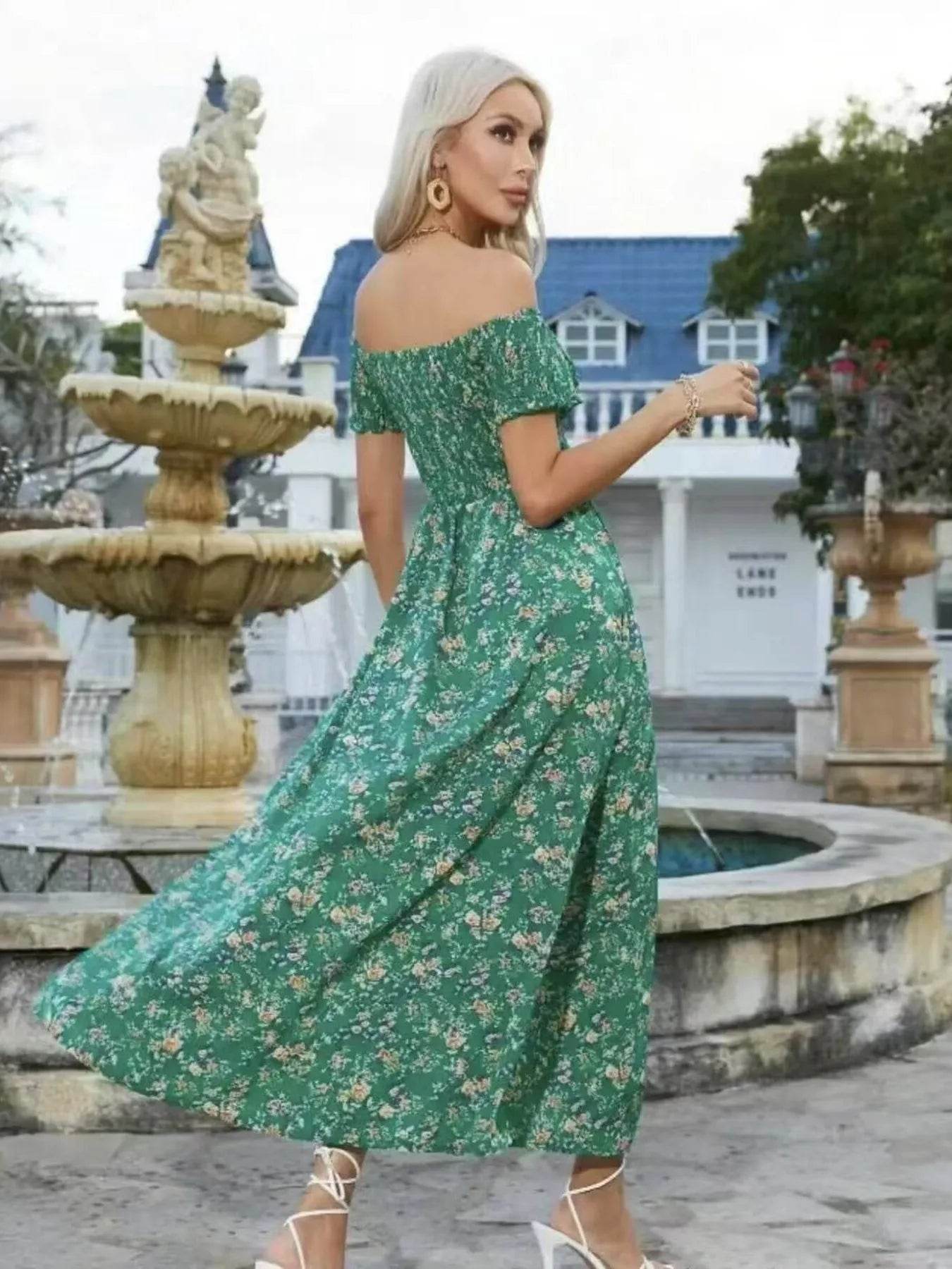 Full Size Slit Off-Shoulder Floral Midi Dress Plus Size - IntuitiveEncBoutique