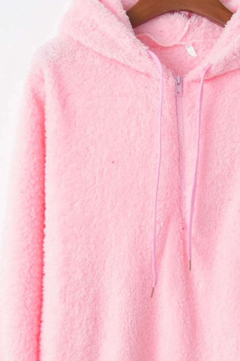 Full Size Quarter-Zip Drawstring Teddy Hoodie - IntuitiveEncBoutique