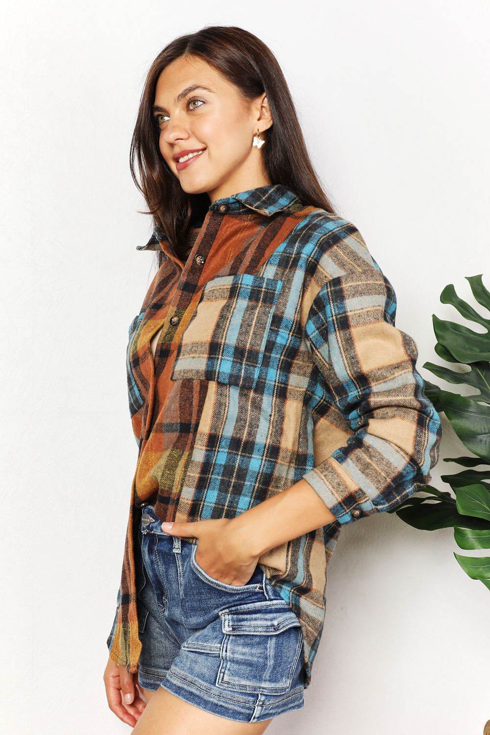 Double Take Plaid Curved Hem Shirt Jacket with Breast Pockets - IntuitiveEncBoutique