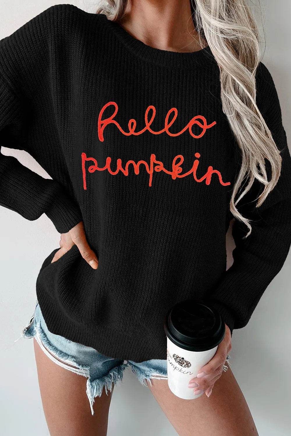 HELLO PUMPKIN Round Neck Long Sleeve Sweater - IntuitiveEncBoutique