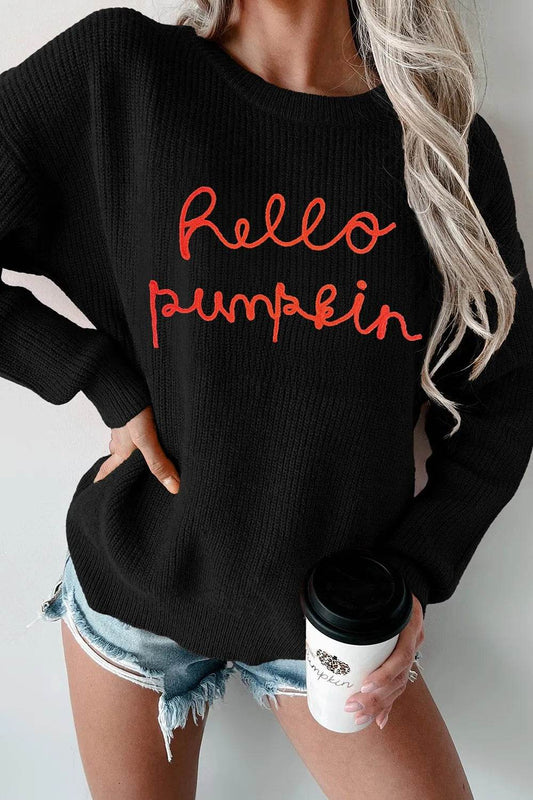 HELLO PUMPKIN Round Neck Long Sleeve Sweater - IntuitiveEncBoutique