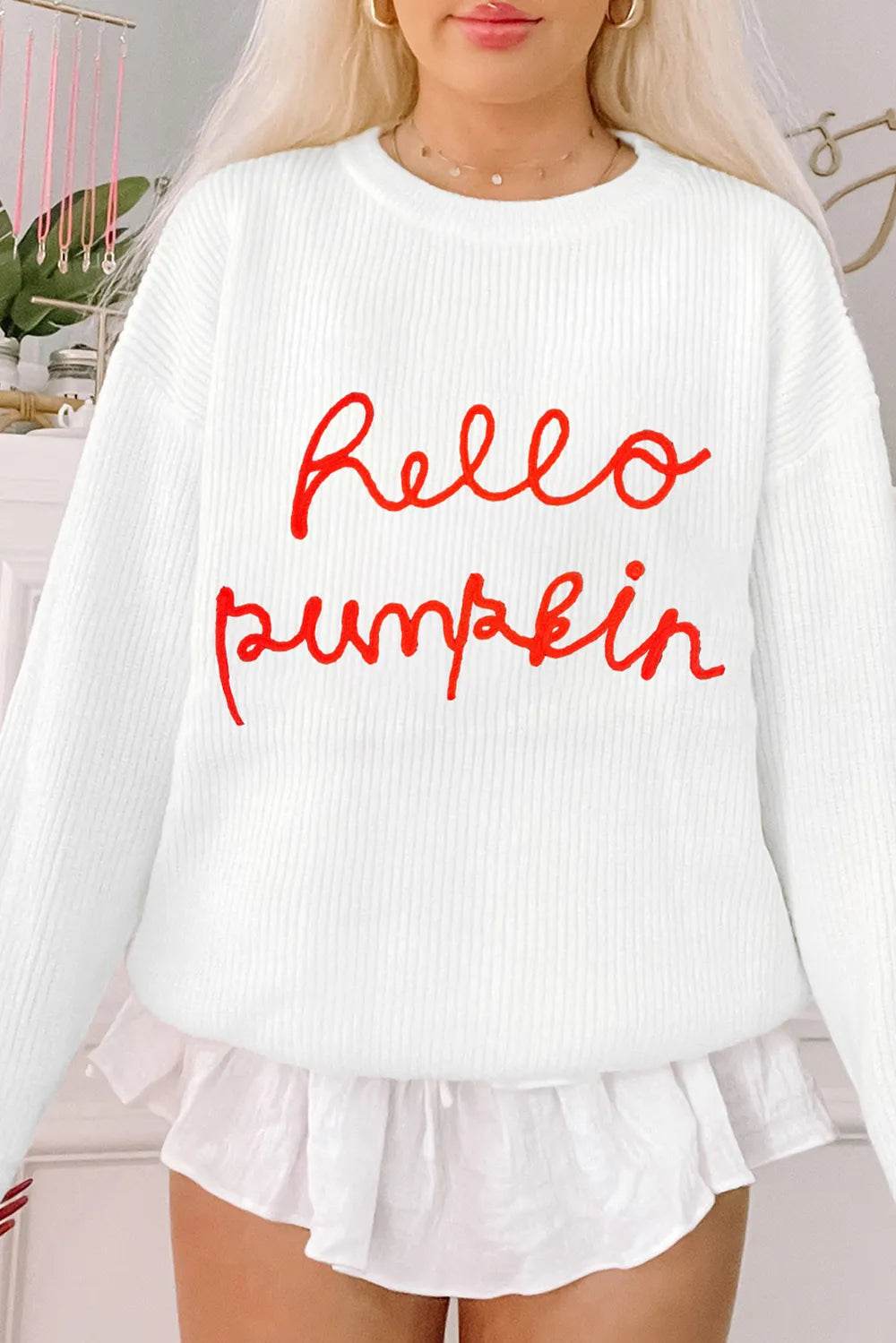 HELLO PUMPKIN Round Neck Long Sleeve Sweater - IntuitiveEncBoutique