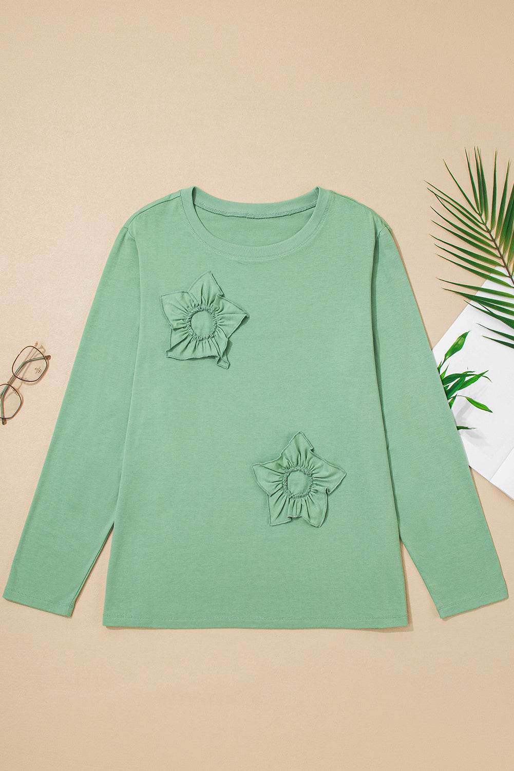 Grass Green Flower Applique Mineral Wash Plus Size Top - IntuitiveEncBoutique