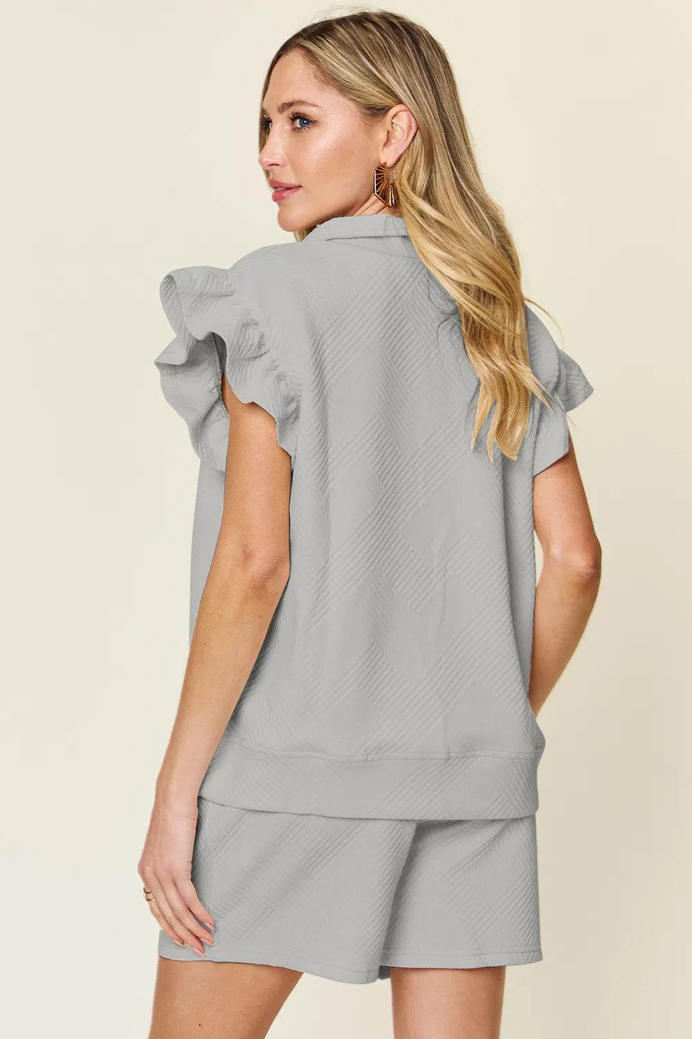 Double Take Full Size Texture Flounce Sleeve Top and Drawstring Shorts Set - IntuitiveEncBoutique