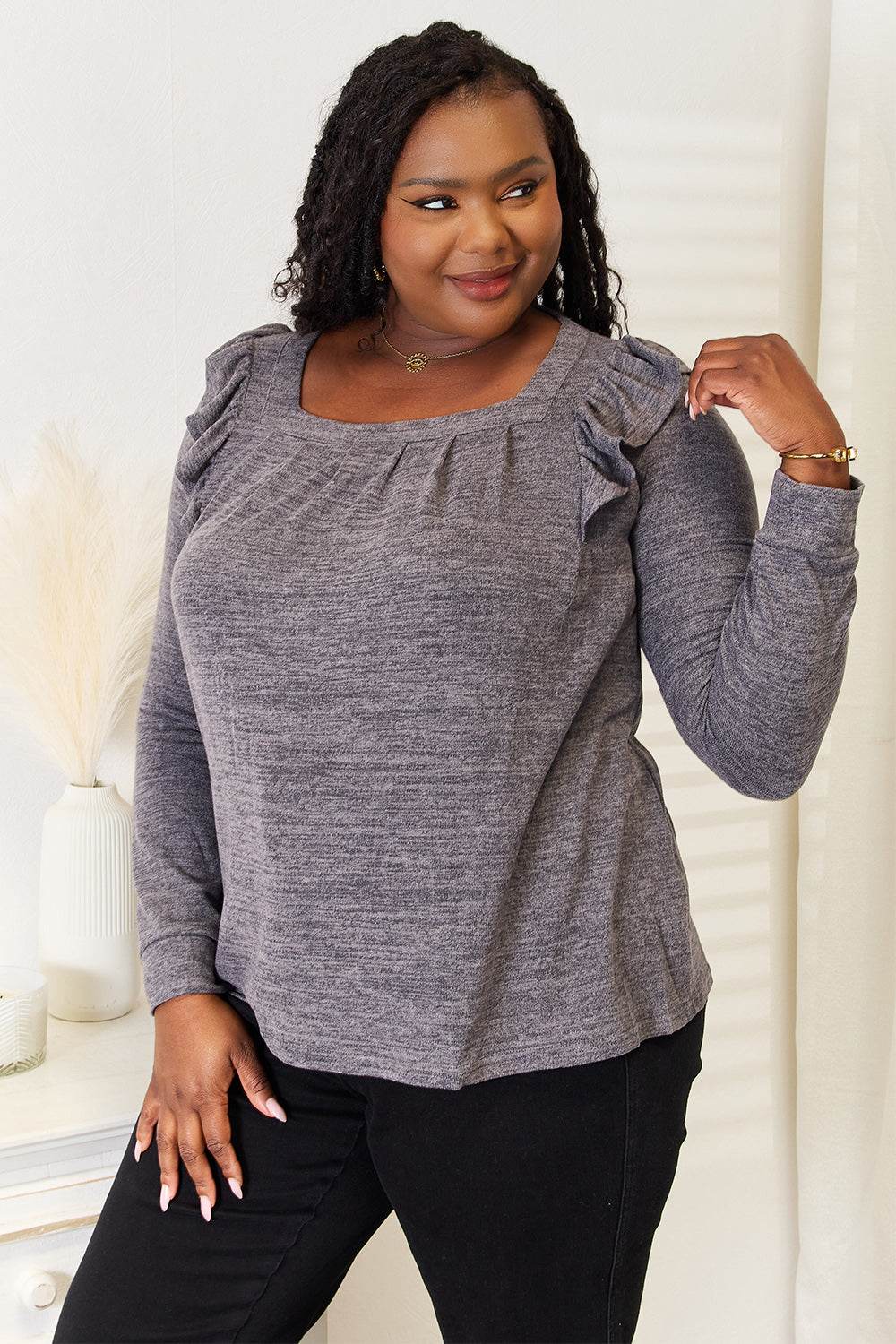 Double Take Square Neck Ruffle Shoulder Long Sleeve T-Shirt - IntuitiveEncBoutique