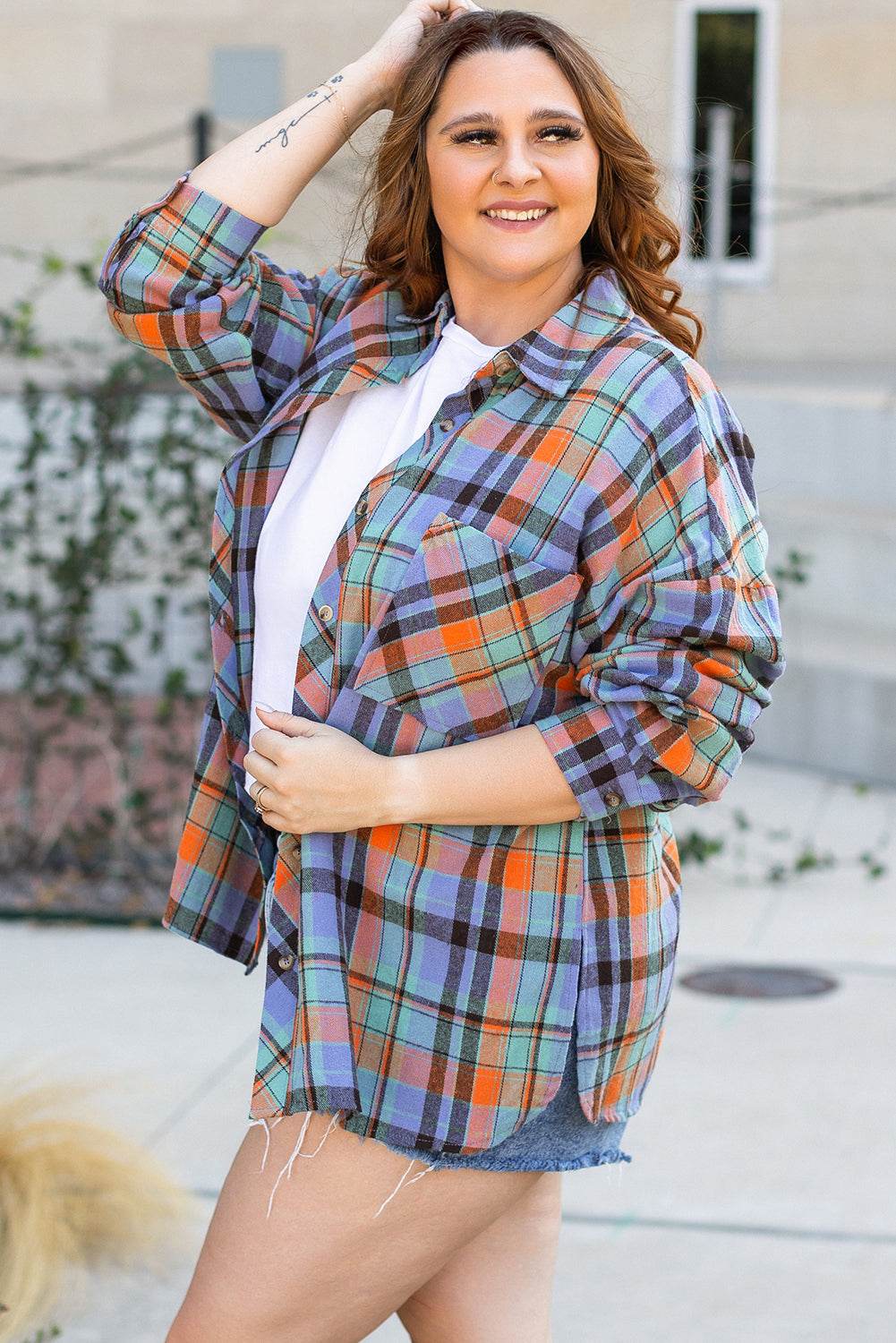 Orange Plus Size Plaid Print Buttoned Shirt - IntuitiveEncBoutique