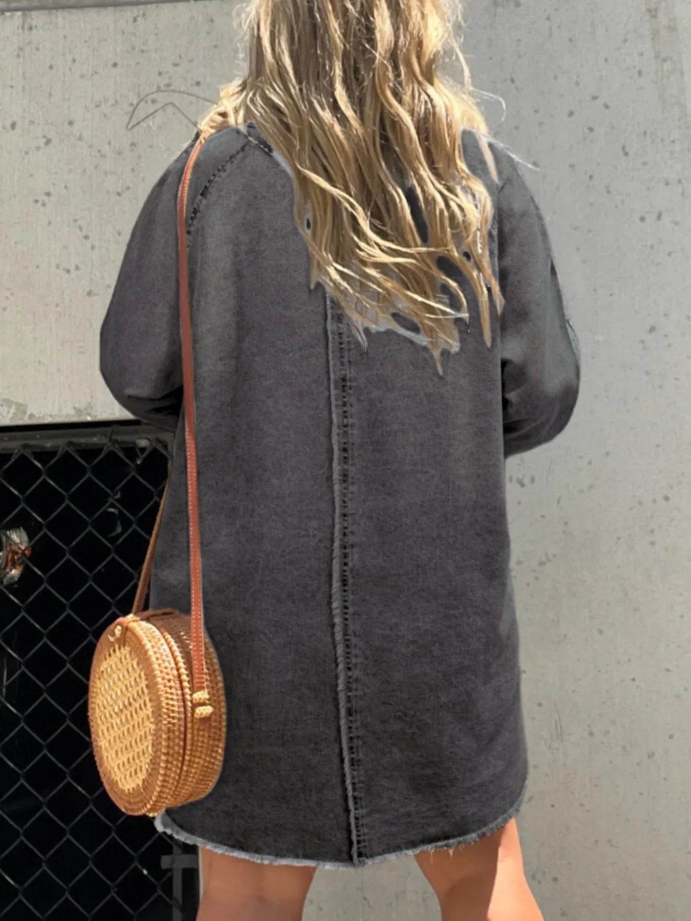 Full Size Button-Front Long Sleeve Denim Shirt Dress Plus Size - IntuitiveEncBoutique