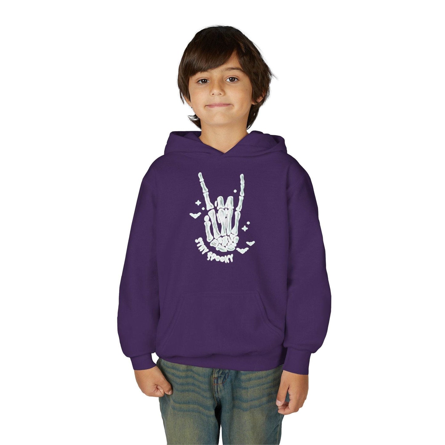 Youth Ghostly Rocker Hoodie - Stay Spooky Sweatshirt, Halloween Apparel, Youth Fashion, Skeleton Design, Cozy Gift - IntuitiveEncBoutique