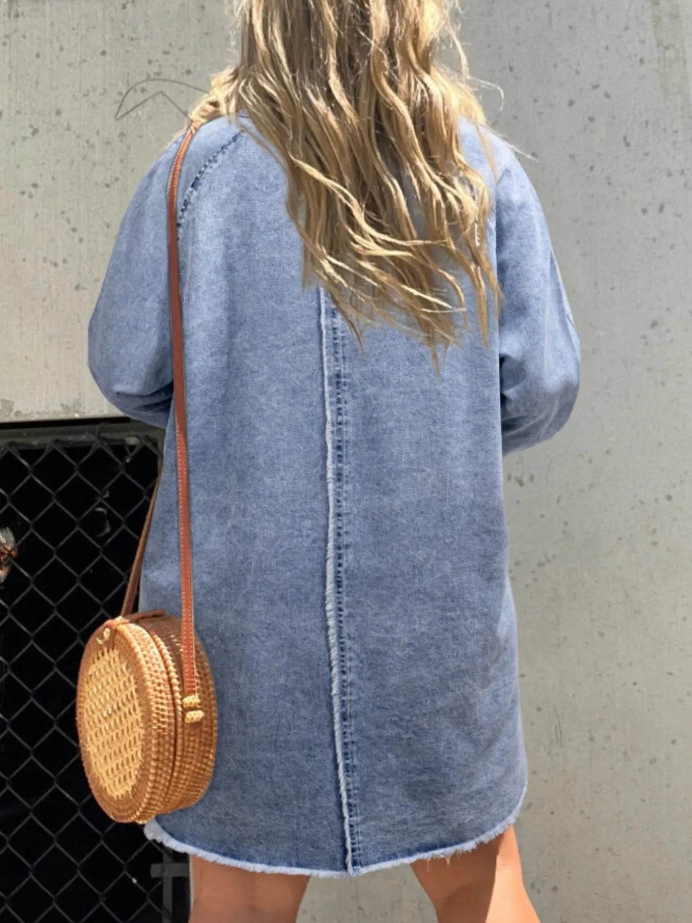 Full Size Button-Front Long Sleeve Denim Shirt Dress Plus Size - IntuitiveEncBoutique