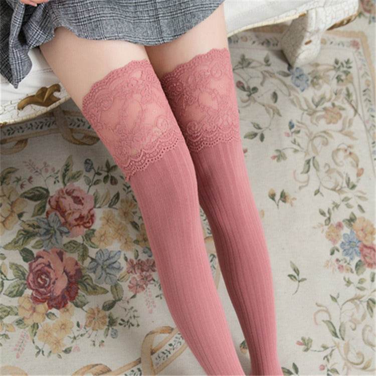Japanese and Korean New Lace Knee Socks Spring and Autumn Cotton Vertical Stripe Stockings Non slip High thigh Stockings - IntuitiveEncBoutique