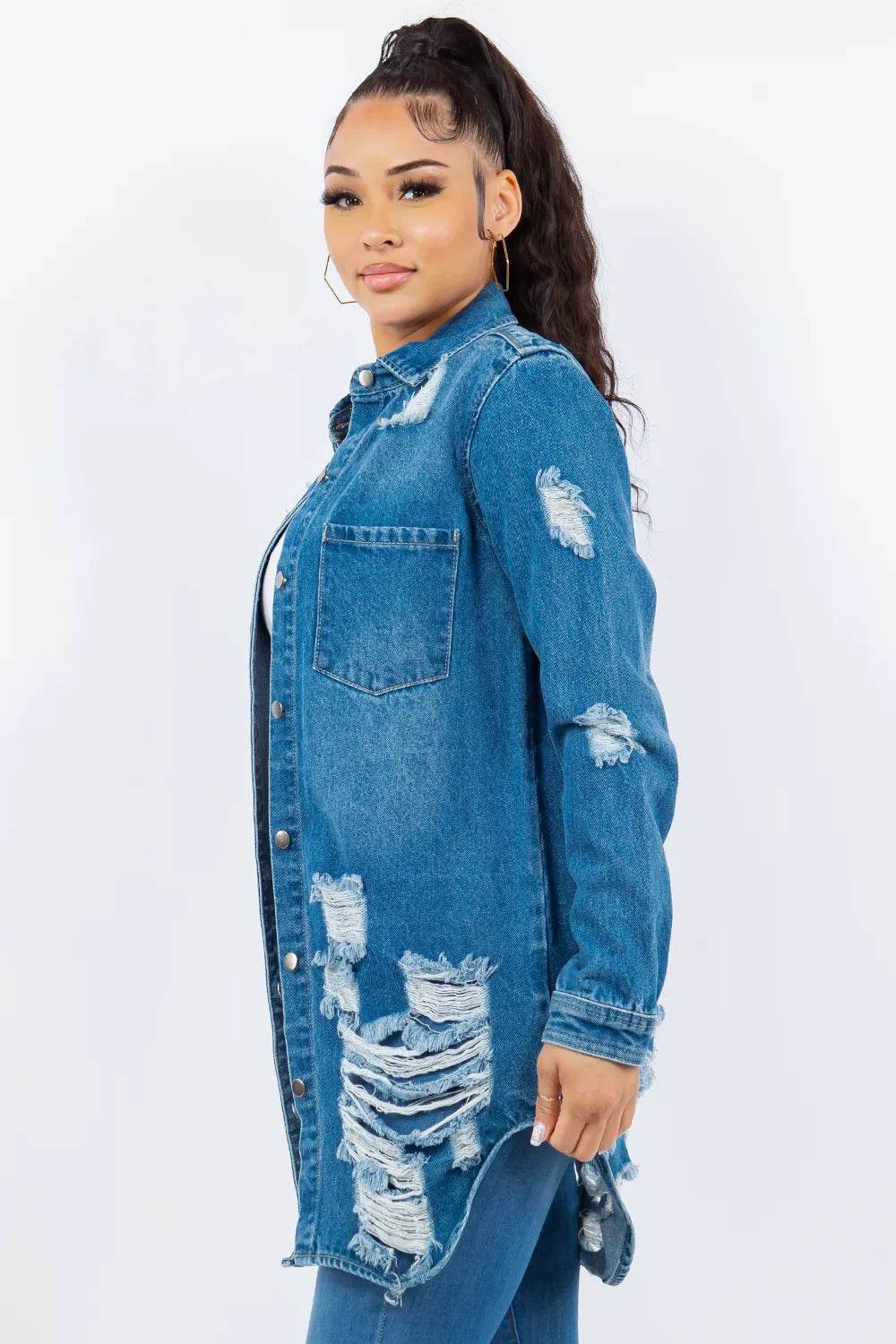 American Bazi Distressed Button Up Long Sleeve Denim Jacket - IntuitiveEncBoutique