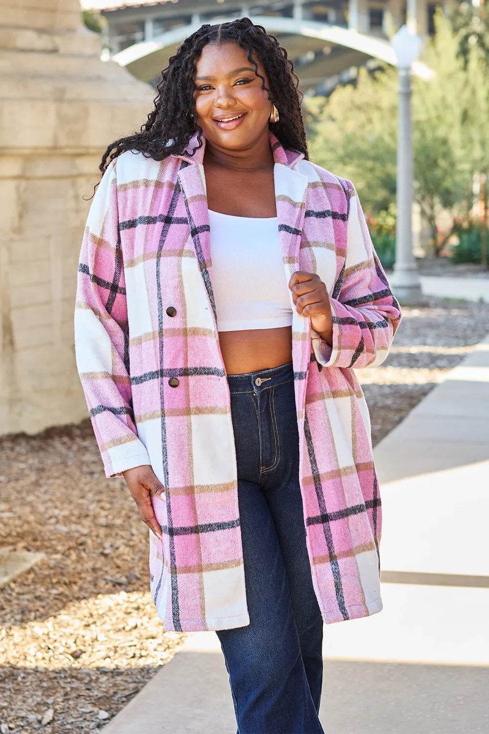 Double Take Full Size Plaid Button Up Lapel Collar Coat - IntuitiveEncBoutique