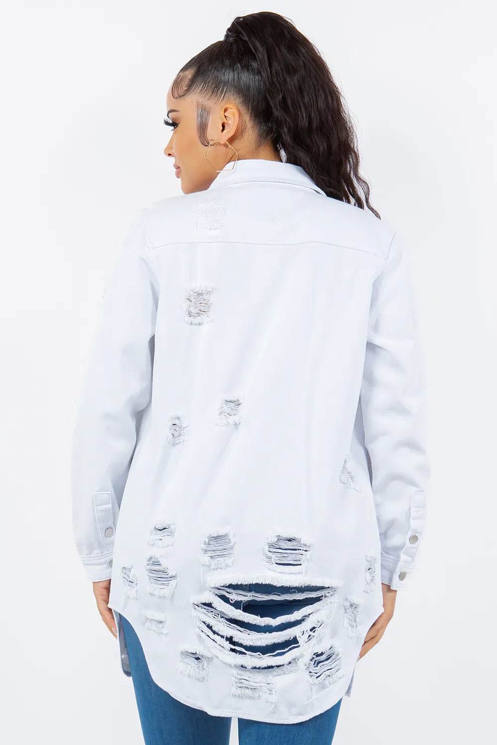 American Bazi Distressed Button Up Long Sleeve Denim Jacket - IntuitiveEncBoutique