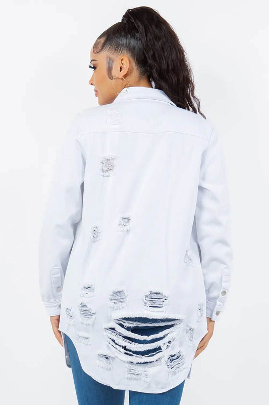 American Bazi Distressed Button Up Long Sleeve Denim Jacket - IntuitiveEncBoutique