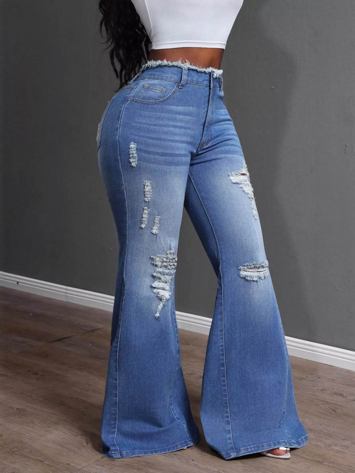 High Waisted Distressed Flare Jeans - IntuitiveEncBoutique