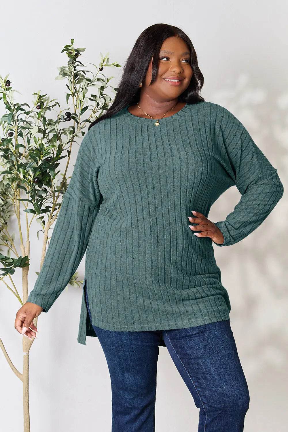 Basic Bae Full Size Ribbed Round Neck Long Sleeve Slit Top - IntuitiveEncBoutique