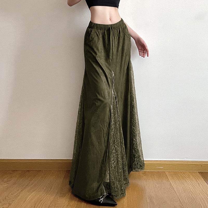 Vintage Green Lace Splicing Low Waist A-line Floor-length Skirt with Heavy Zipper - IntuitiveEncBoutique