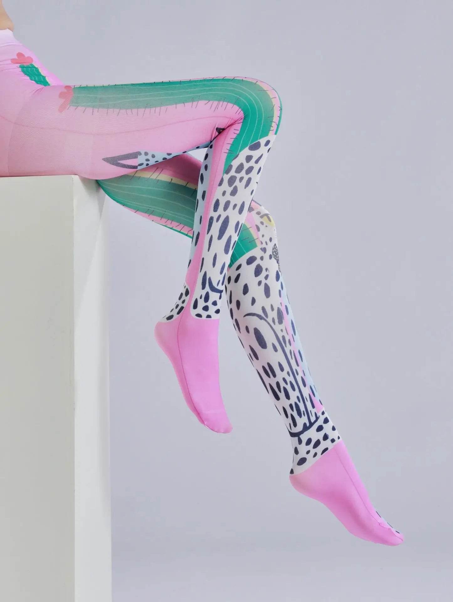Cactus printed pantyhose with leopard print pattern as the sole personalized and fashionable pantyhose - IntuitiveEncBoutique
