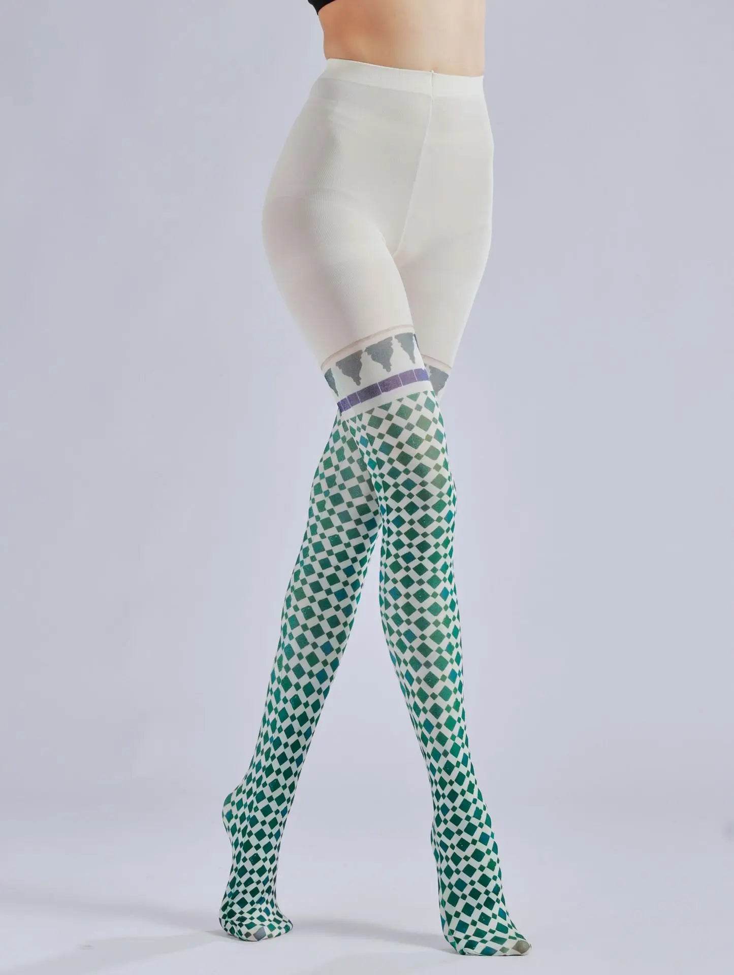 Retro patterned plaid printed pantyhose color pattern bottom socks fake two pieces of silk stockings - IntuitiveEncBoutique