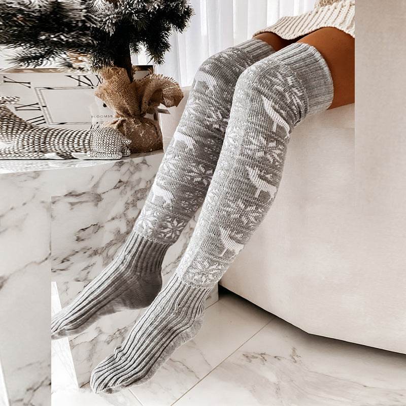 Christmas elk snowflake knitted woolen stockings for women long over knee pile socks stockings - IntuitiveEncBoutique