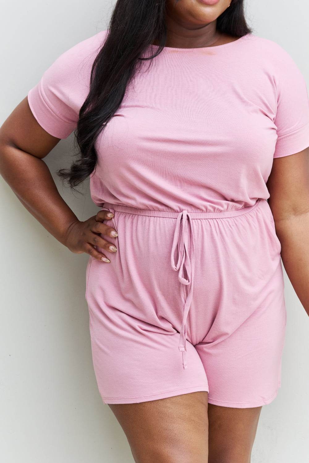 Zenana Chilled Out Full Size Short Sleeve Romper in Light Carnation Pink - IntuitiveEncBoutique