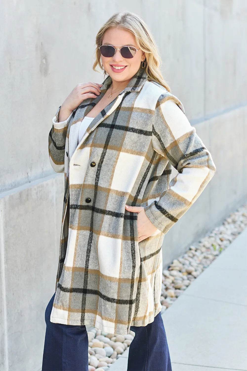 Double Take Full Size Plaid Button Up Lapel Collar Coat - IntuitiveEncBoutique