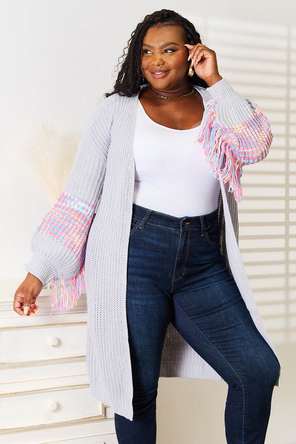 Woven Right Fringe Sleeve Dropped Shoulder Cardigan - IntuitiveEncBoutique