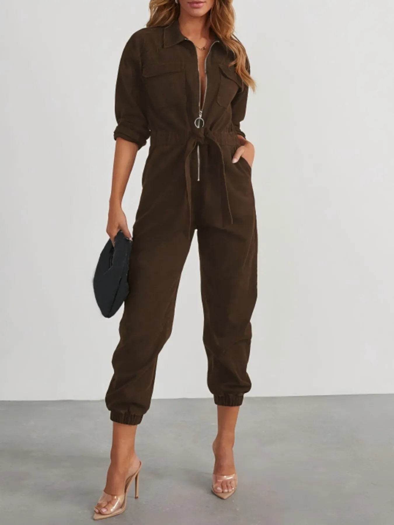Zip Front Long Sleeve Jumpsuit - IntuitiveEncBoutique