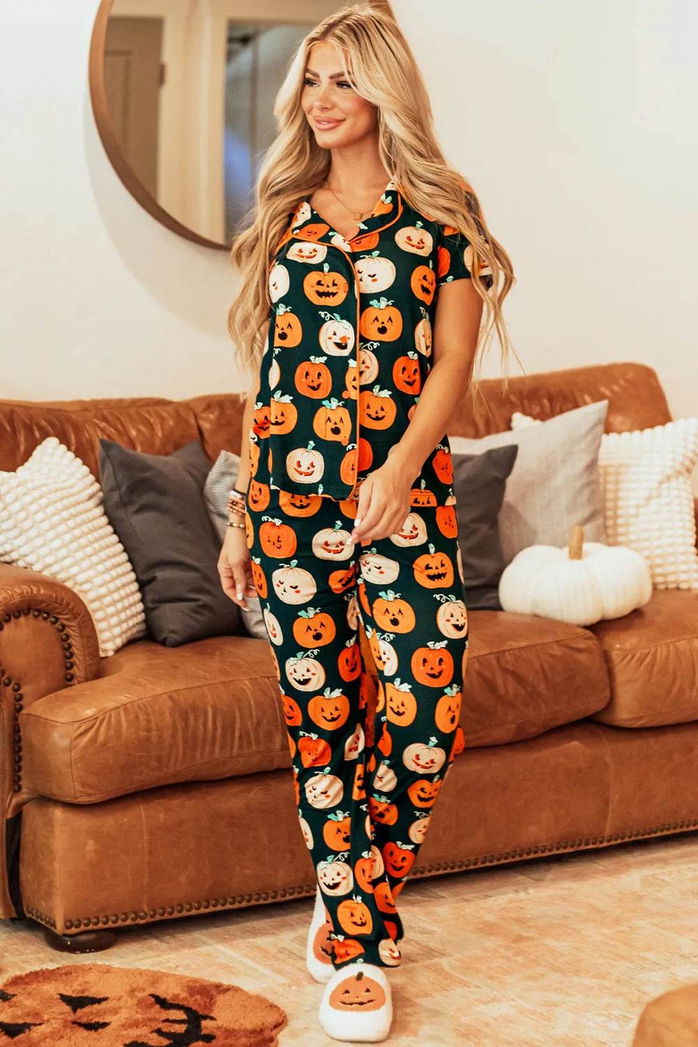 Pumpkin Printed Short Sleeve Top and Pants Lounge Set - IntuitiveEncBoutique