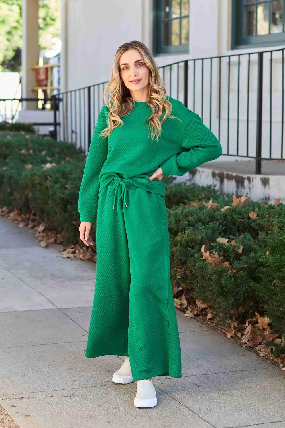 Double Take Full Size Textured Long Sleeve Top and Drawstring Pants Set - IntuitiveEncBoutique