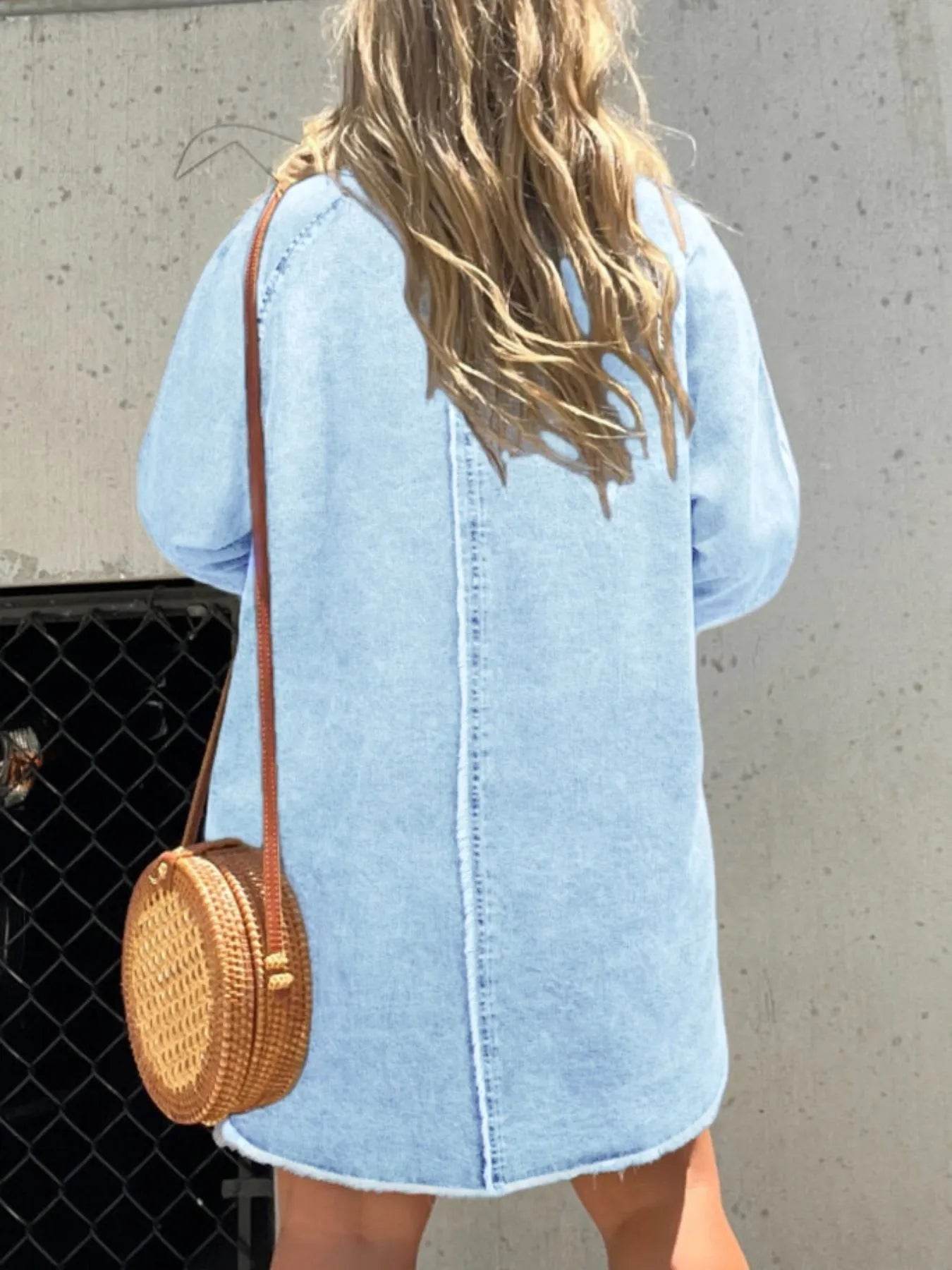 Full Size Button-Front Long Sleeve Denim Shirt Dress Plus Size - IntuitiveEncBoutique