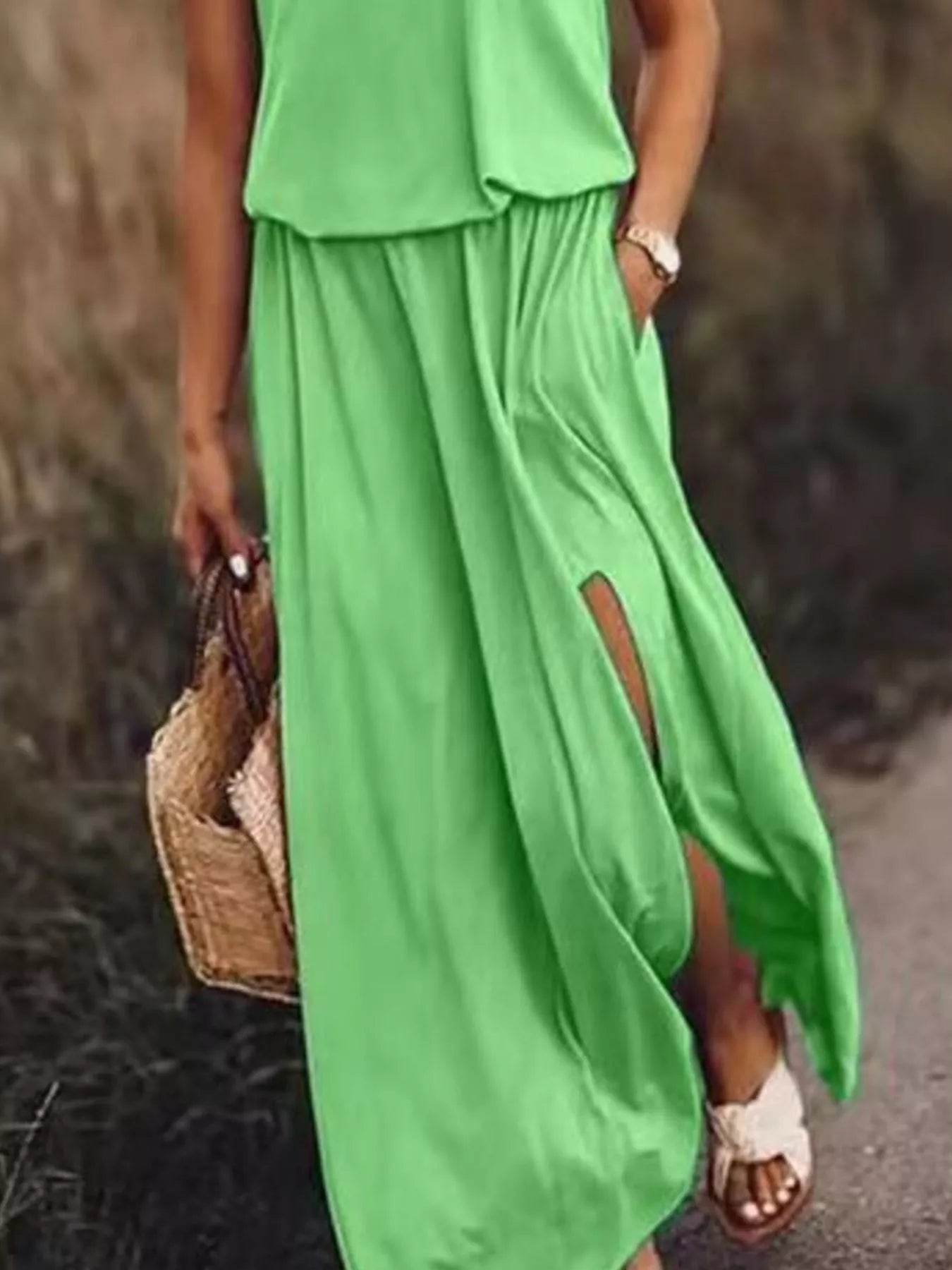 Full Size Round Neck Sleeveless Slit Maxi Dress Plus Size - IntuitiveEncBoutique