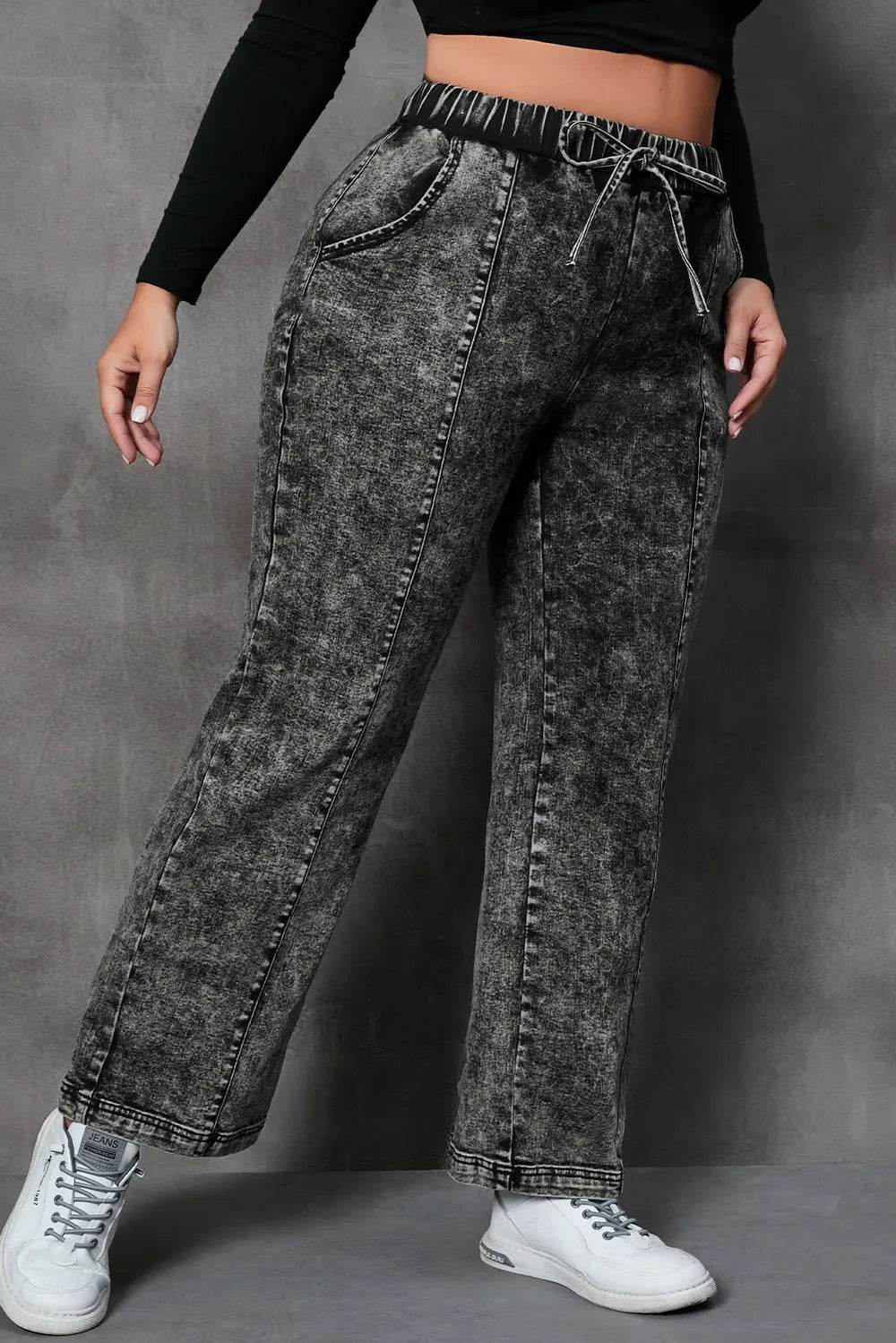 Plus Size Drawstring Pocketed Straight Jeans - IntuitiveEncBoutique